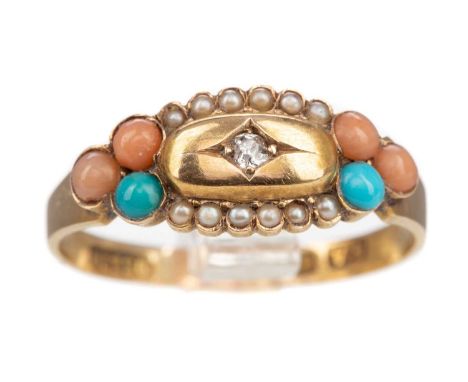 MIXED GEM SET RING,set with turquoise, coral and pearl around a central diamond chip, marked 15, size P, 1.2gMakers mark A.A,