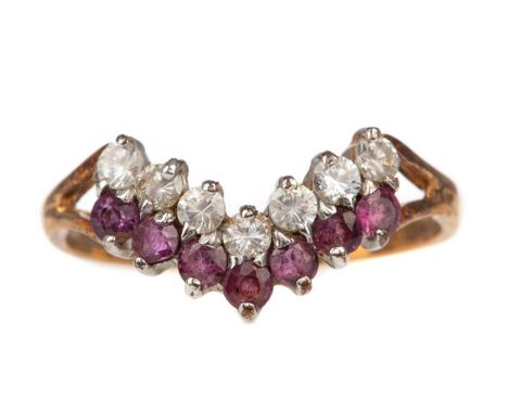 RUBY AND DIAMOND WISHBONE RING,set with a row of diamonds and a row of rubies, in nine carat gold, size O 1/2, 1.8g