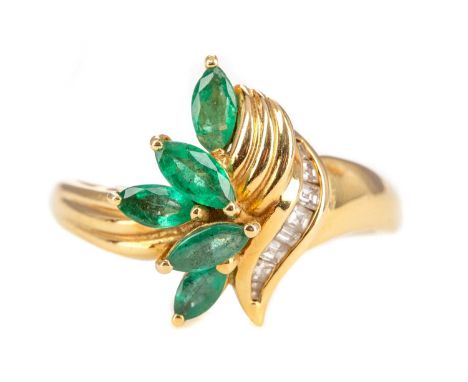 EMERALD AND DIAMOND CLUSTER RING,set with marquise cut emeralds and baguette diamonds, in eighteen carat gold, size Q, 2.3gGe