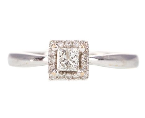 PRINCESS DIAMOND CLUSTER RING,set with a princess cut diamond within a round brilliant cut diamond halo, totalling approximat