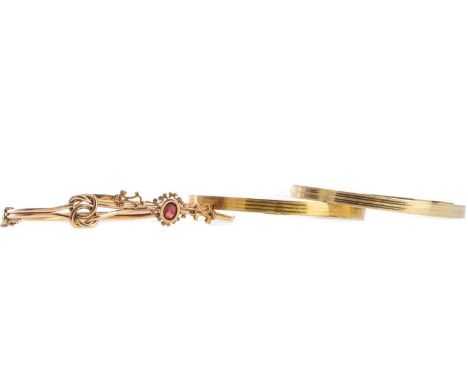 COLLECTION OF GOLD ITEMS,comprising two 14K bangles and watch strap, 24g gross, knitted rolled gold bangle and unmarked gem s