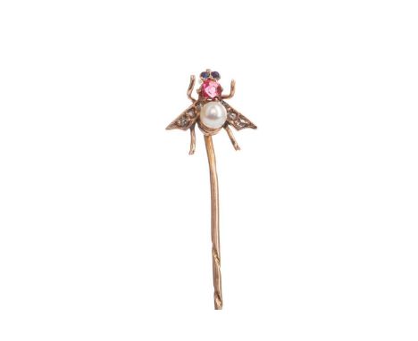 CONTINENTAL GOLD FLY BROOCH,the fly with pearl and ruby body, diamond wings and sapphire eyes, foreign mark to the pin