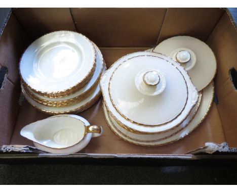 A Myott Son &amp; Co Ltd six place dinner service with tureens and gravy boat, gilt edge 