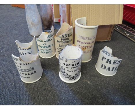 A box of octagonal Bristol blue bottles, some with stoppers, approx 48. Also including a selection of damaged Victorian ceram