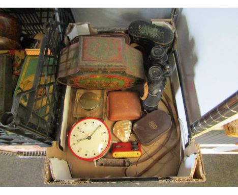 A box of miscellaneous including inkwell, binoculars and travel clock etc 