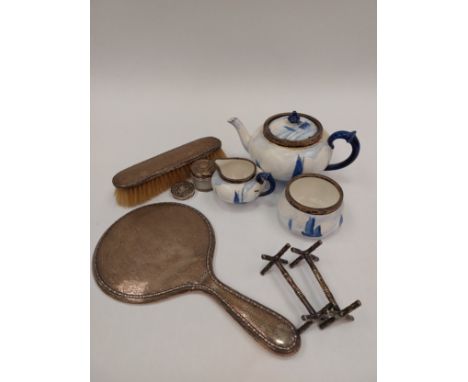 A quantity of silver items including Crown Derby silver rimmed teapot, milk jug (a/f) and sugar bowl hand mirror and knife re