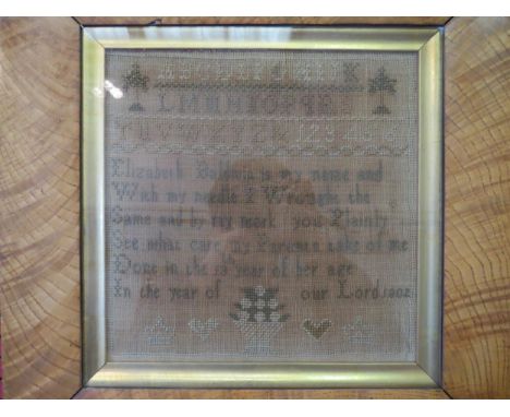 A 19th Century sampler with alphabet and verse in oak frame, 25cm x 25cm 