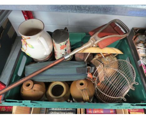 A box of assorted including three stoneware flagons, shooting stick, three wooden turned supports and shoe stretchers 