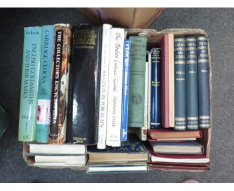 A box of mainly clock and antiques reference works and views of Old England etc 