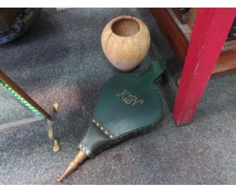 A pair of painted bellows initalled KJN and a wooden vase 