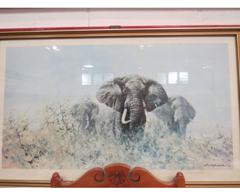 A David Shepherd print, "Three Happy Jumbos", signed in pencil, framed and glazed, 45cm x 84cm 