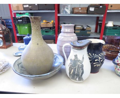 A studio pottery vase together with two jugs and bowl etc (5) 