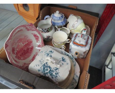 A mixed lot of ceramics including Masons Ironstone teapot, TG Green &amp; Co Ltd "Ming" jug, Grimwades Flora cheese dish etc,