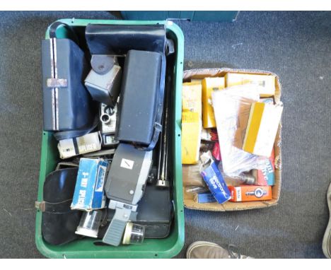 A box of vintage cameras and a further box containing vintage valves, lightbulbs etc. 