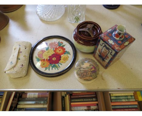 A Japanese Imari vase (rim a/f), a tobacco jar, pratt ware pot etc 