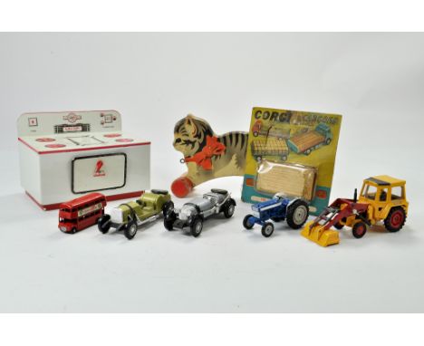 Misc. toy group comprising tinplate cooker, wooden cat, Corgi Tractor and Loads plus others.