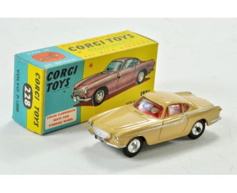 Corgi No. 228 Volvo P1800 with light tan body, silver trim and flashes, red interior and chrome hubs. Very good to excellent,