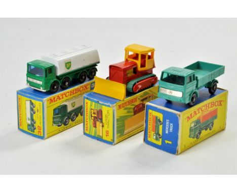 Matchbox Regular Wheels x 3 no. 32C Leyland Petrol Tanker, no. 16C Case Tractor, plus no. 1E Mercedes Truck. (missing tilt). 