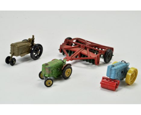 Unusual Rubber Set of Disc Harrows plus trio of miniature tractor issues including Mettoy (metal issues) plus (plastic) Popla