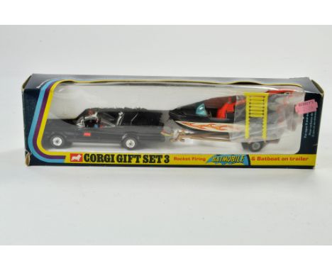 Corgi No. GS3 Batman Gift Set with Batmobile in black, with harder to find clear windows, Batman and Robin figures, plus Batb