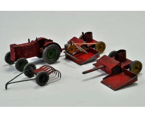 Maylow group of Vintage Tractor and implement issues comprising Tractor, Rake and two Binders. Most have significant wear.  