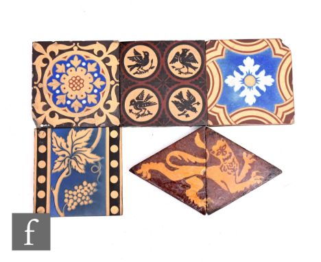A Minton &amp; Co Encaustic 6 inch tile, four ragged petal flower over blue ground and interlaced ribbon border, impressed ma