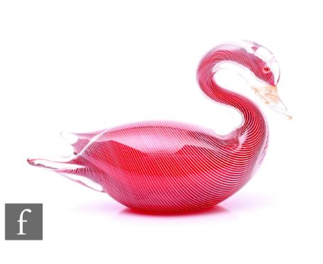 A post war Italian Murano glass figure of a stylised water bird, attributed to Barovier &amp; Toso, cased in clear crystal ov