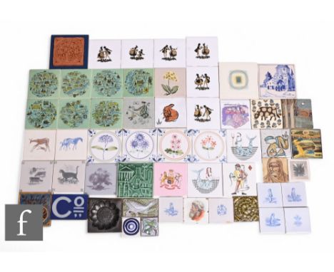 A collection of 4 inch dust pressed tiles, including six County tiles by T Richards, a Minton Tiles diamond suit of cards til