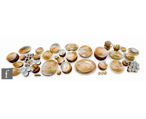 A quantity of Japanese tea and dinner ware painted with birds amongst blossom and waterside studies on blush ivory ground, co