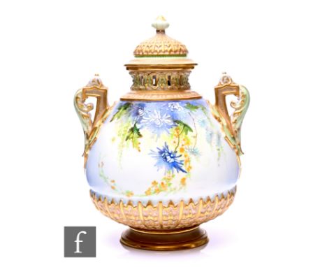 Kitty Blake for Royal Worcester, a floral painted pot pourri jar and cover, circa 1903, of ovoid form, basketweave lower quar