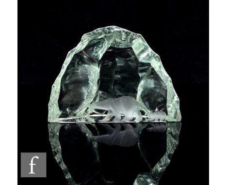 A later 20th Century Kosta Ice block by Vicke Lindstrand, the polished flat face engraved with a mother polar bear and cub, f