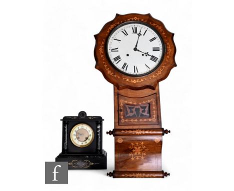 A 19th Century inlaid walnut drop dial wall clock, eight day movement, enclosed by a circular glazed door, height 92cm, and a