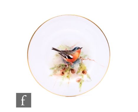William Powell for Royal Worcester, an ornithological study on side plate, circa 1924, painted with a chaffinch on fir tree b