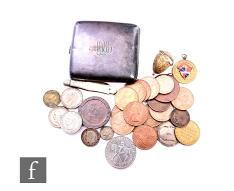 A 1797 Cartwheel two pence coin, florins, crowns pennies and copper coinage, also a silver cigarette case, a fruit knife and 