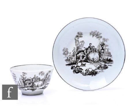 A Worcester Porcelain Robert Hancock transfer printed L'Amour pattern tea bowl and saucer, circa 1760, diameter of saucer 12c