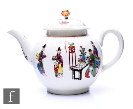 A First Period Worcester porcelain Chinoiserie teapot and cover, of compressed spherical form, the domed cover with flower fi