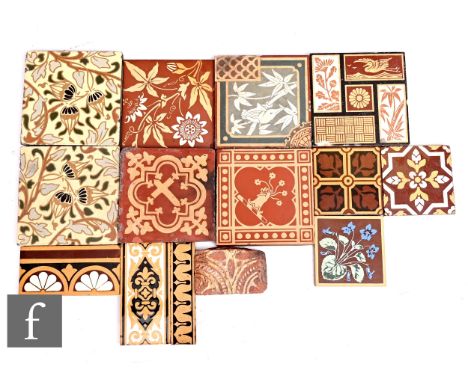 A collection of 19th Century encaustic tiles, 6 inch and smaller, dust pressed and plastic clay, including Campbell Tile Co, 