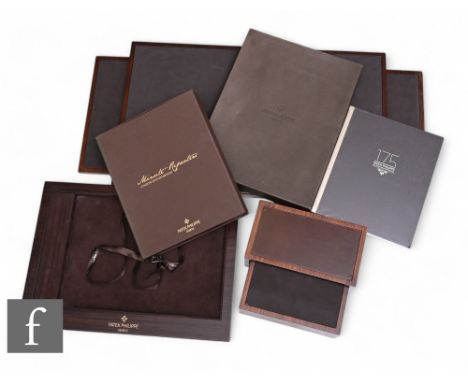 A Patek Philippe counter top display, 60cm x 30cm, a watch display stand, 43cm x 31cm, a two piece small display stand, 22.5c