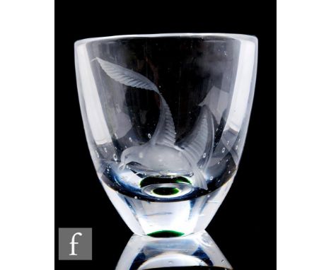 A 20th Century Vicke Lindstrand for Kosta clear crystal vase, of ovoid form engraved with a stylised bird, internally decorat