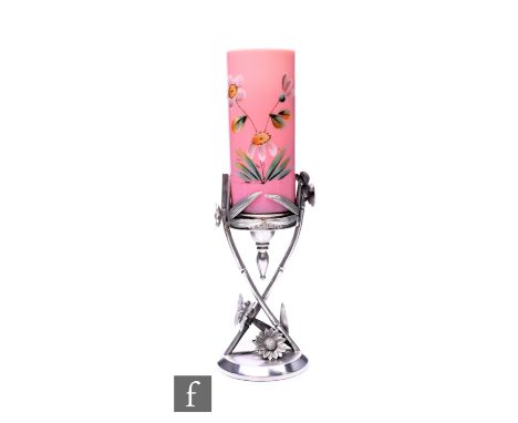 A late 19th Century Aesthetic vase, the French glass cylindrical posy cased in pink over opal and hand enamelled with flowers