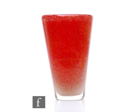 A mid Century Flavio Poli for Seguso (attributed) Murano 'rosso pulegoso oro' cased glass vase, of flattened flared form, gra