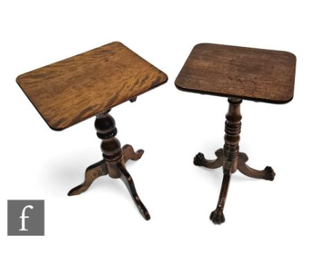A 19th Century mahogany rectangular snap top occasional table, ring turned pedestal and tripod base terminating in claw feet,