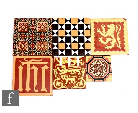 A Minton &amp; Co 4 inch encaustic tile, buff over brown glaze, decorated with three lions passant, representing the arms of 