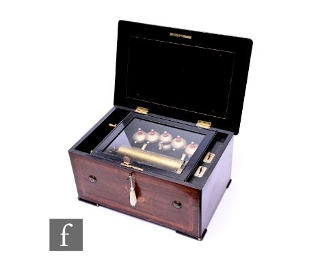 A Bells in view musical box playing six airs, lacking tune card, 20.5cm cylinder, the crossbanded rosewood case inlaid with m