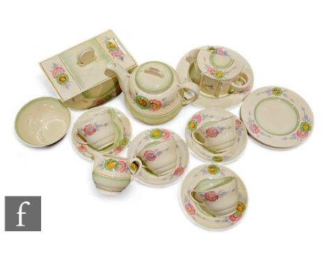 A Clarice Cliff Sundew (Green Variant) collection of tea and tablewares to include a Windsor shape teapot, milk and large sug