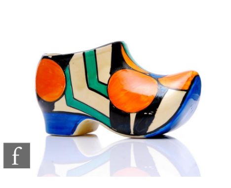 A large Clarice Cliff Picasso Flower (Orange) Sabot or clog circa 1929/30, hand painted with panels of stylised flower heads 