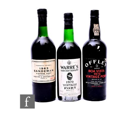 Three bottles of vintage port, to include Offley Boa Vista 1975 (bottled 1977), Sandeman 1963 and a Warre's Tercentenary 1970