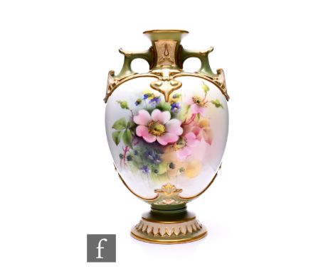 George Cole for Royal Worcester, a rose painted vase, circa 1908, of ovoid footed form with twin angular and foliate moulded 