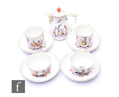 A collection of 18th Century Meissen, to include four tea cups and saucers, two of shallow form, and a milk pot and cover of 