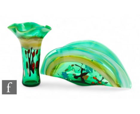 A contemporary Viz Glass Murano glass vase of sleeve form with flared wave rim, decorated with opal and ruby spots and black 